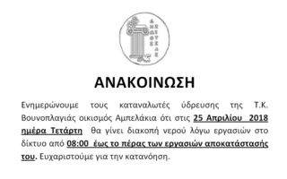 Ανακοίνωση διακοπής υδροδότησης 25/04/2018